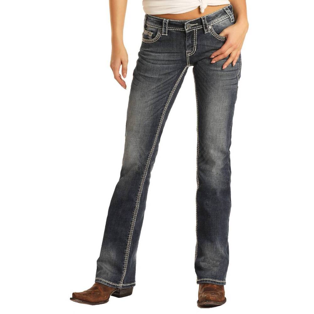 NEW ROCK & ROLL DENIM women's mid rise stretch bootcut riding jeans in dark vint